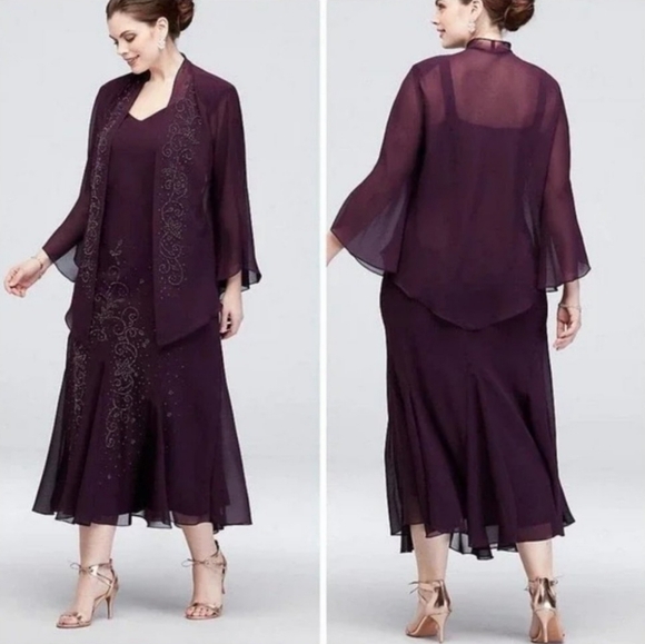 R&M Richards Dresses & Skirts - R&M Richards 2pc Elegant Beaded Godet Dress & Jacket Set in Eggplant - Size 24W